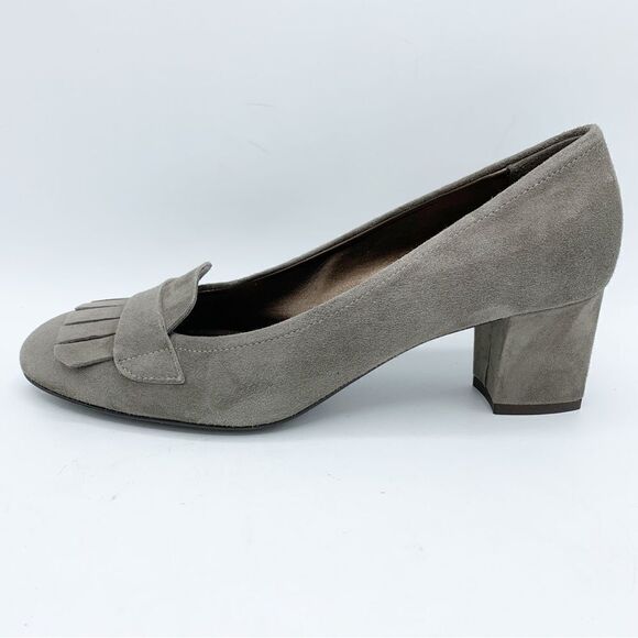 AGL • Gray Suede Heeled Kilty Fringed Loafers - Picture 2 of 13